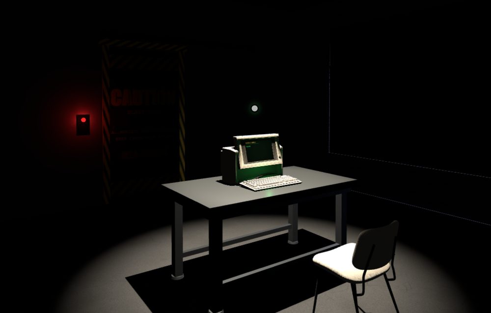 A dark virtual reality room with a single computer on a desk under a spotlight